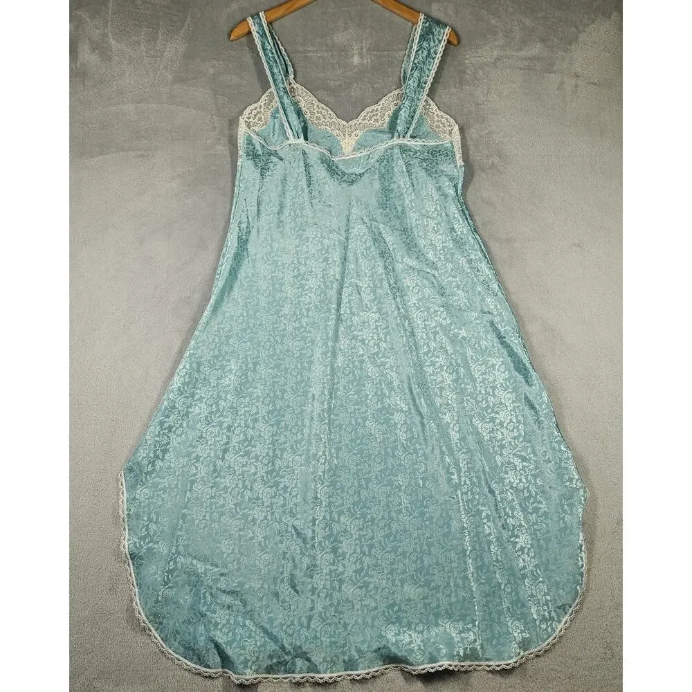 Vintage Lucie Ann II Nightgown Womens M‎ Blue Floral Satin Lace Bridal Lingerie
